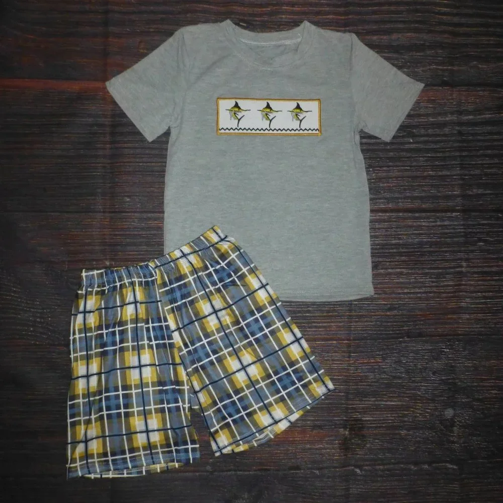 Boutique Boys Swordfish Plaid Shorts Outfit Set